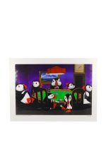 Print of colorful puffin bird sitting on a table by Doug Brid